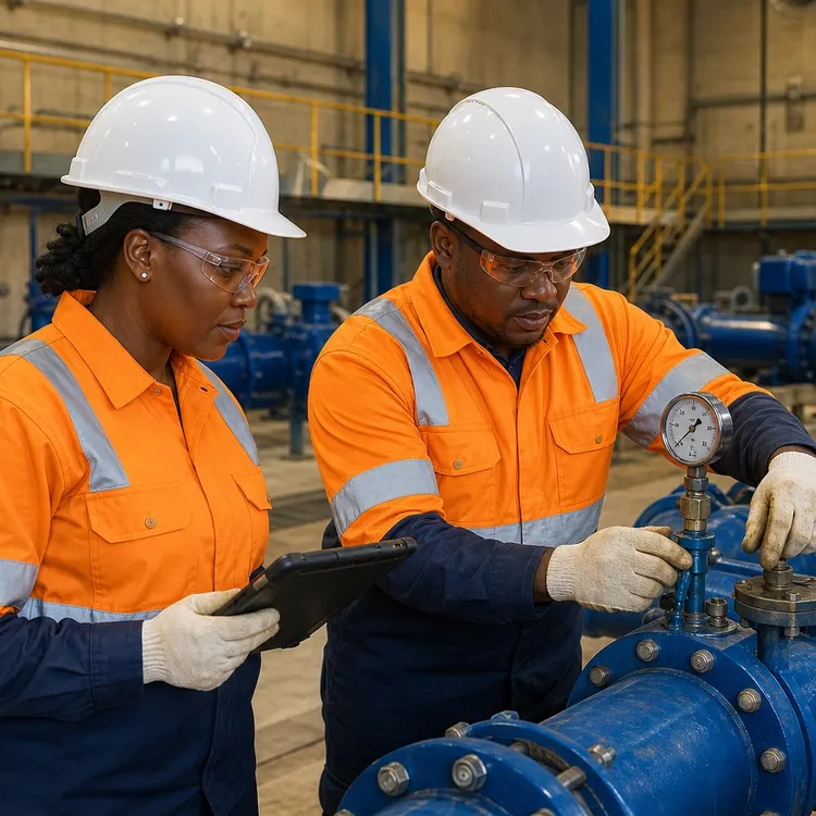 Water works operators inspecting industrial pumping equipment